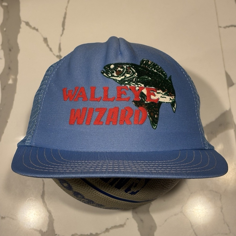Vintage Walleye Wizard Trucker Hat Blue Fishing SnapBack Cap Outdoors 80's 90's